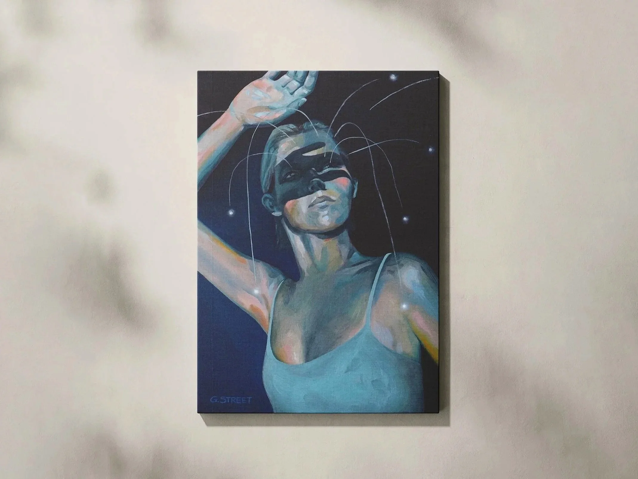 Painting of a woman with arm raised, wearing a tank top, with abstract lines and stars in the background.