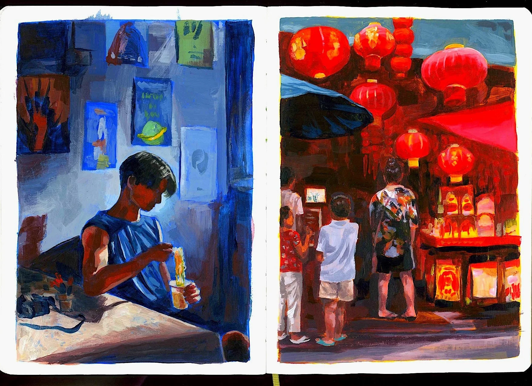 Two separate scenes painted with vibrant colors, left side shows a boy in a blue shirt examining a rolled-up paper, surrounded by posters and artwork on a wall; right side depicts a lively red-lit festival with people under red lanterns, some looking at an exhibit or display