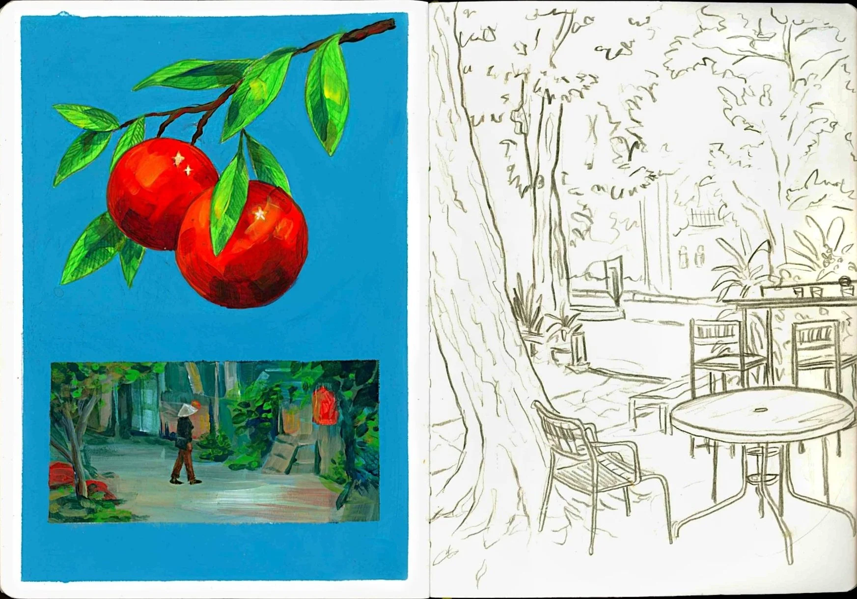 Open sketchbook featuring a colorful painting of two red cherries with green leaves on the left page and a black and white pencil sketch of an outdoor café scene with chairs, tables, and trees on the right page.