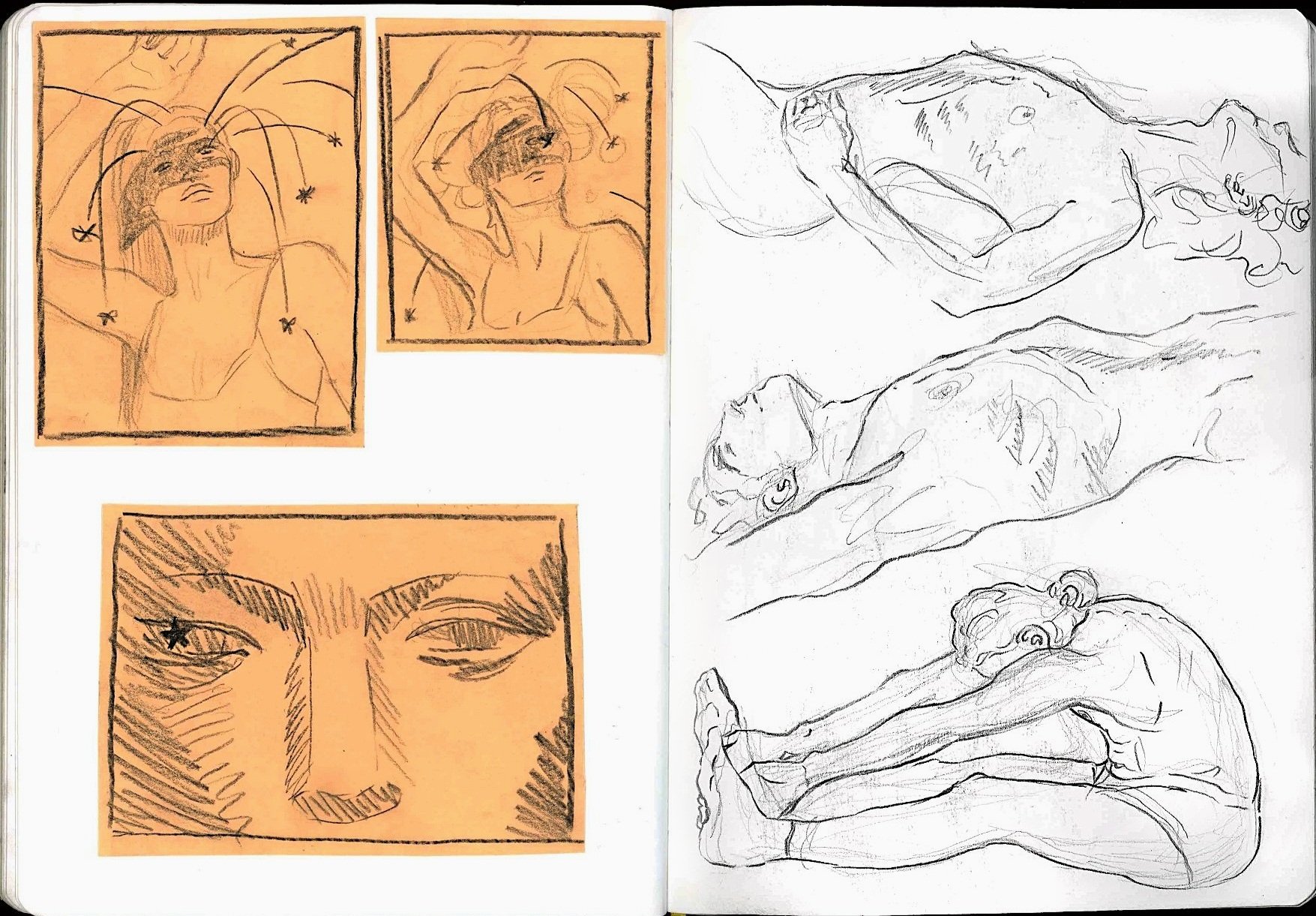 Sketches of a woman with arms raised and hair flowing, a close-up of a face with one eye or both eyes winking, and multiple reclining nude figures in different poses, some with arms extended or bent, on a white page.