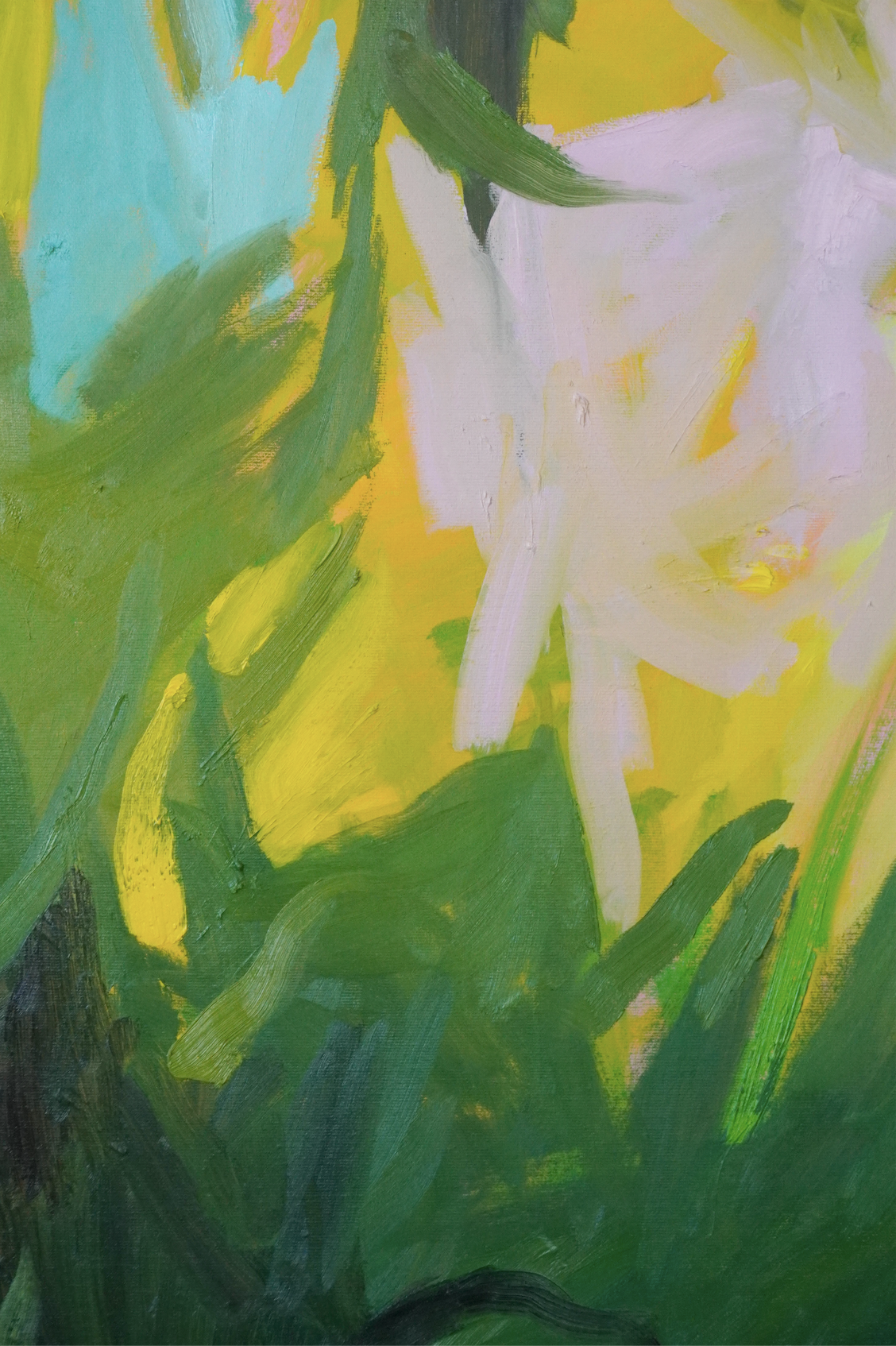 An abstract painting with bold brushstrokes of green, yellow, white, and blue colors.
