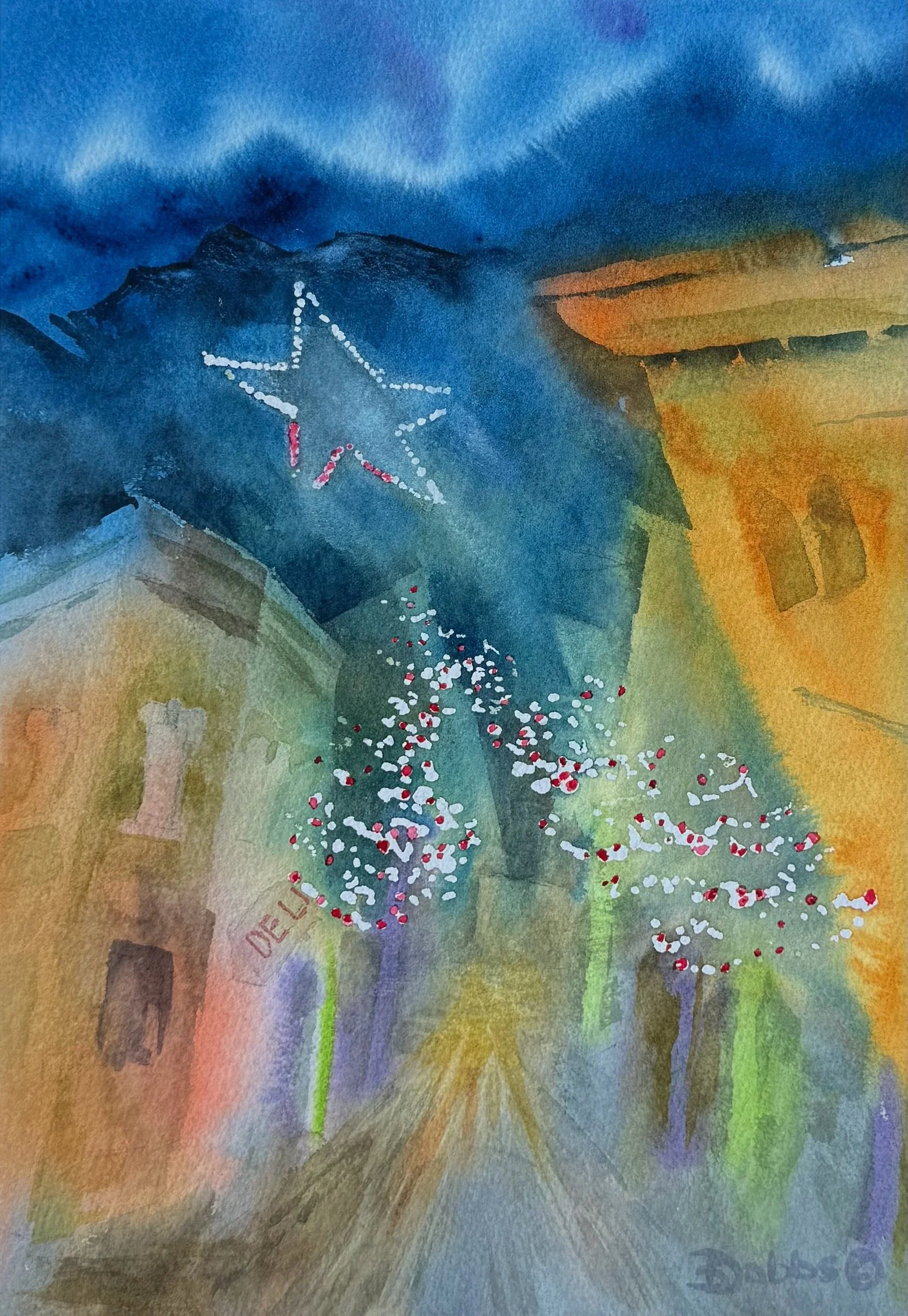 PEARL AND STAR. 14" X 10"  Stylized image of Boulders Pearl Street and holiday Star.