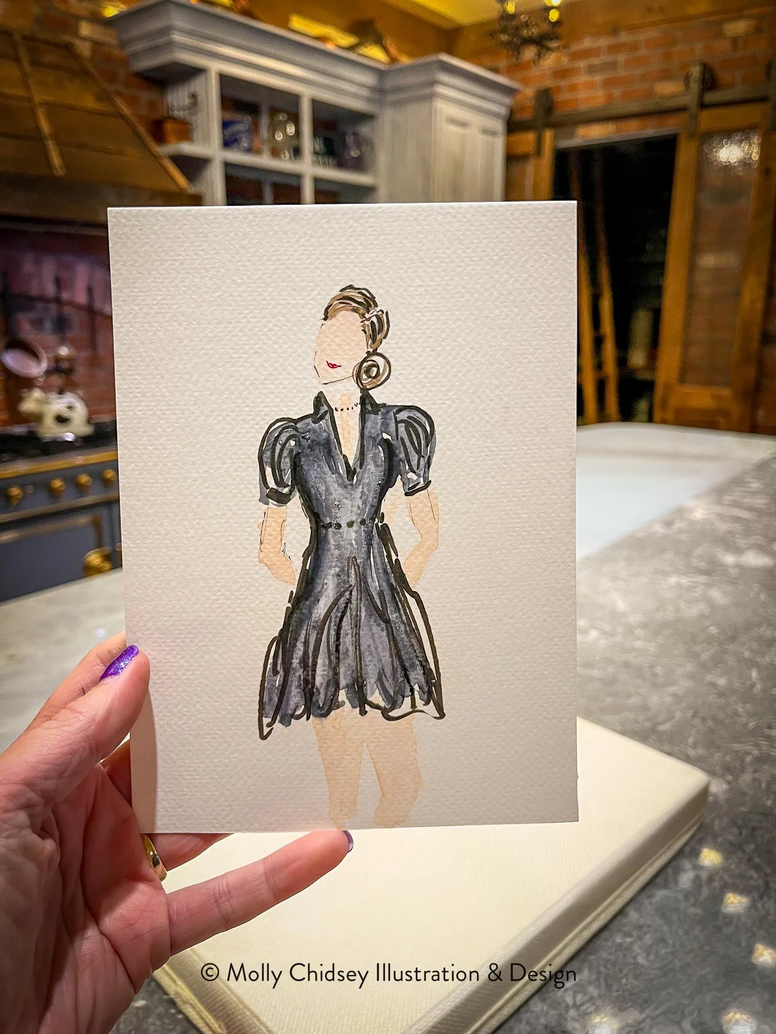 A live watercolor portrait of a pretty woman in a black cocktail dress dressed up for a special event or gala.