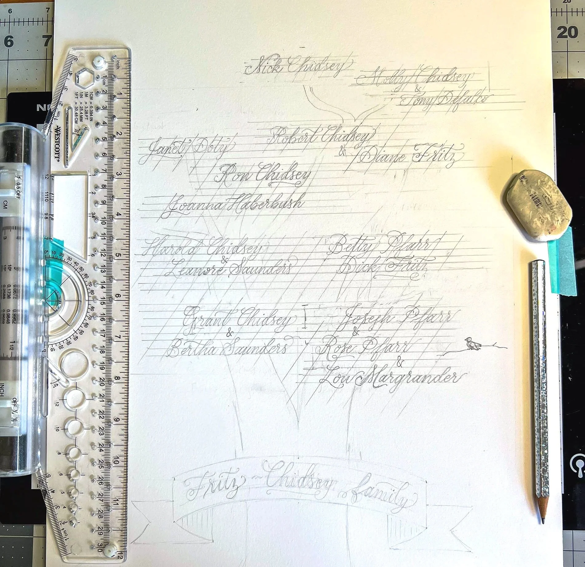 A handwritten family tree diagram on lined paper, showing names of various relatives including Stick Chidsey, Robert Chidsey, & Renee Fitz, with a horizontal ruler and a pencil on the right side, an eraser at the top right, and a drafting tool on the left.