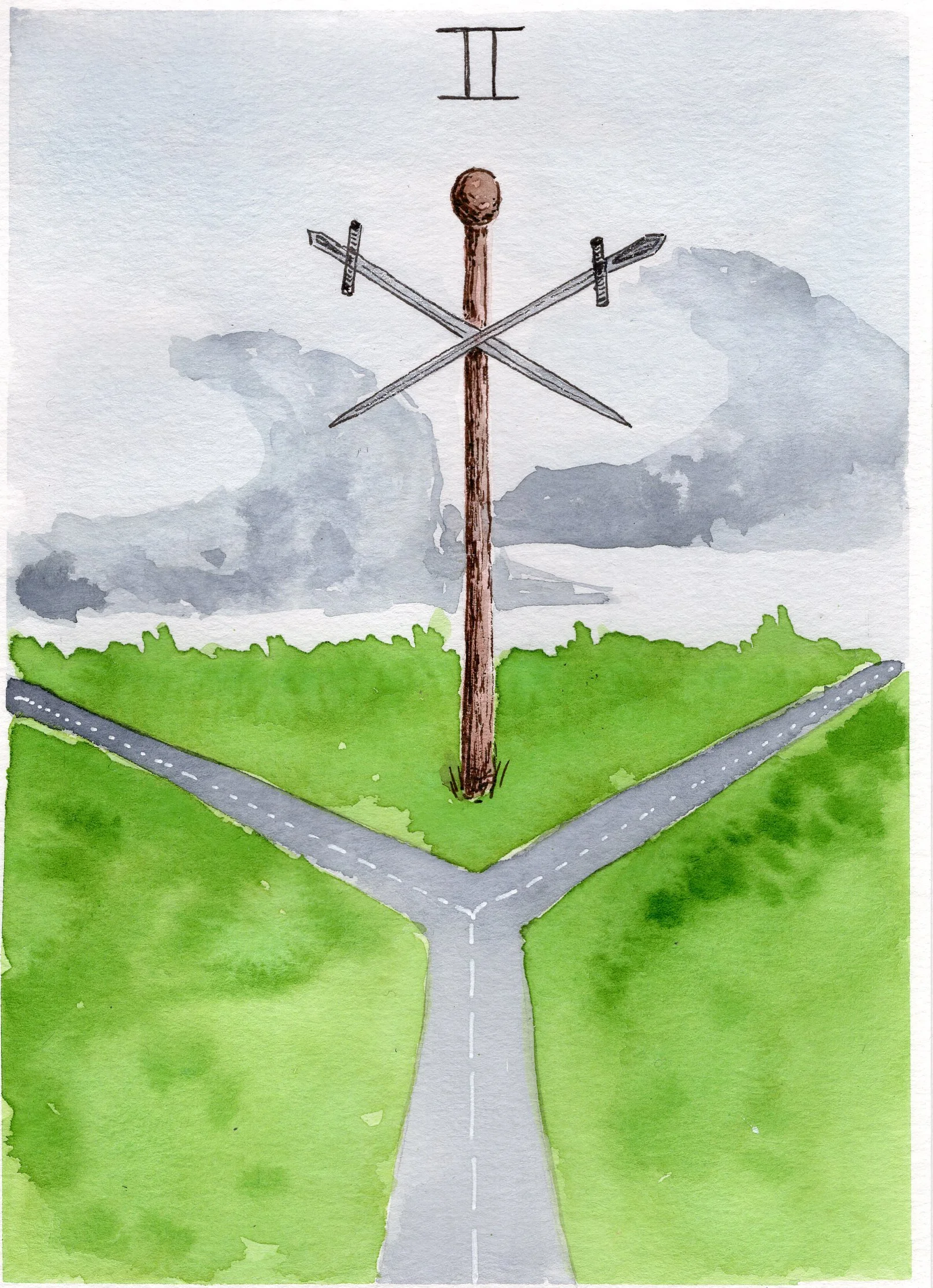 A crossroads sign marked by two swords, painted with watercolor, marked Two of Swords.