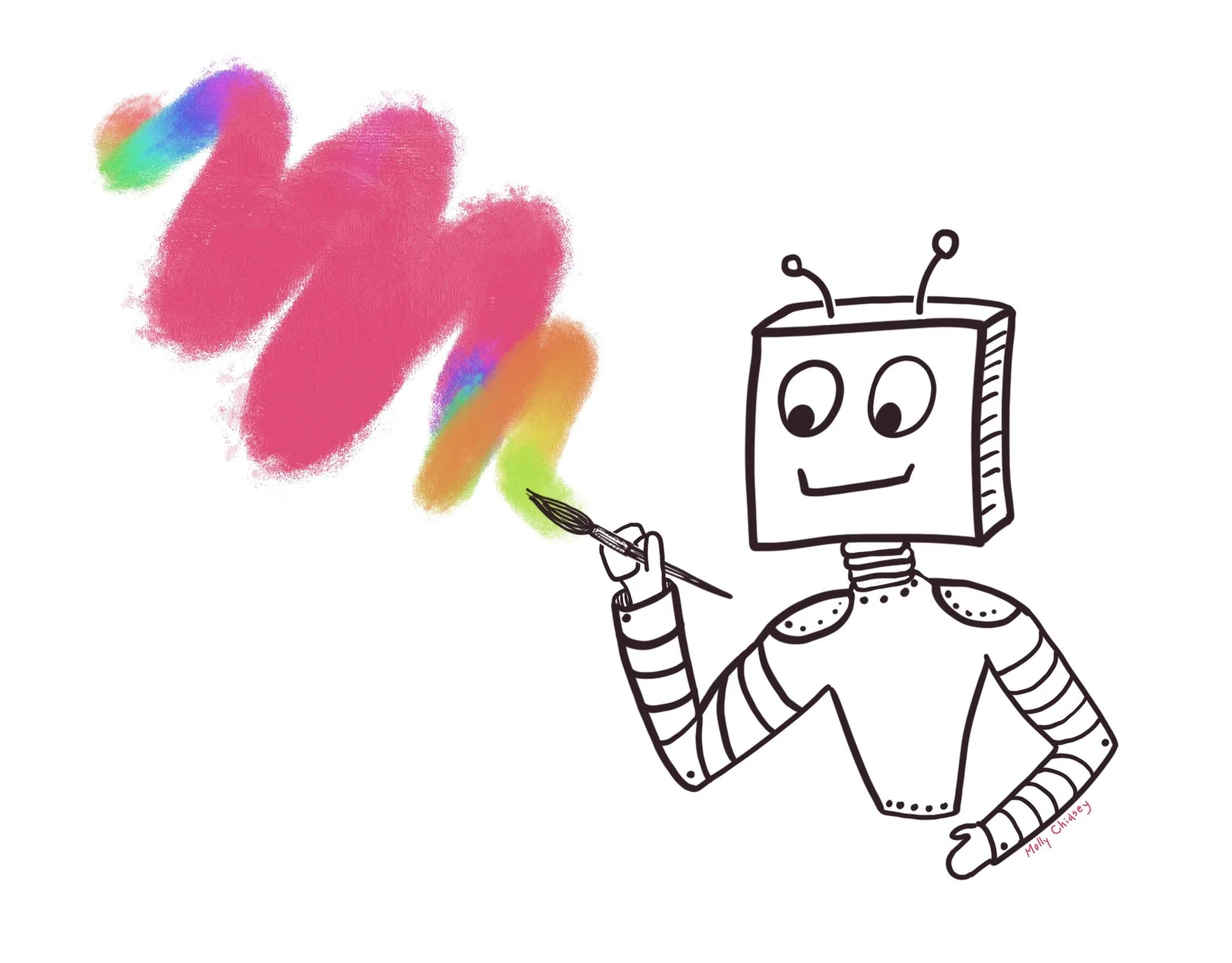 A cute robot holds a paintbrush, with rainbow of watercolors coming out. Hand-drawn illustration by real human Molly Chidsey, of Molly Chidsey Illustration & Design.