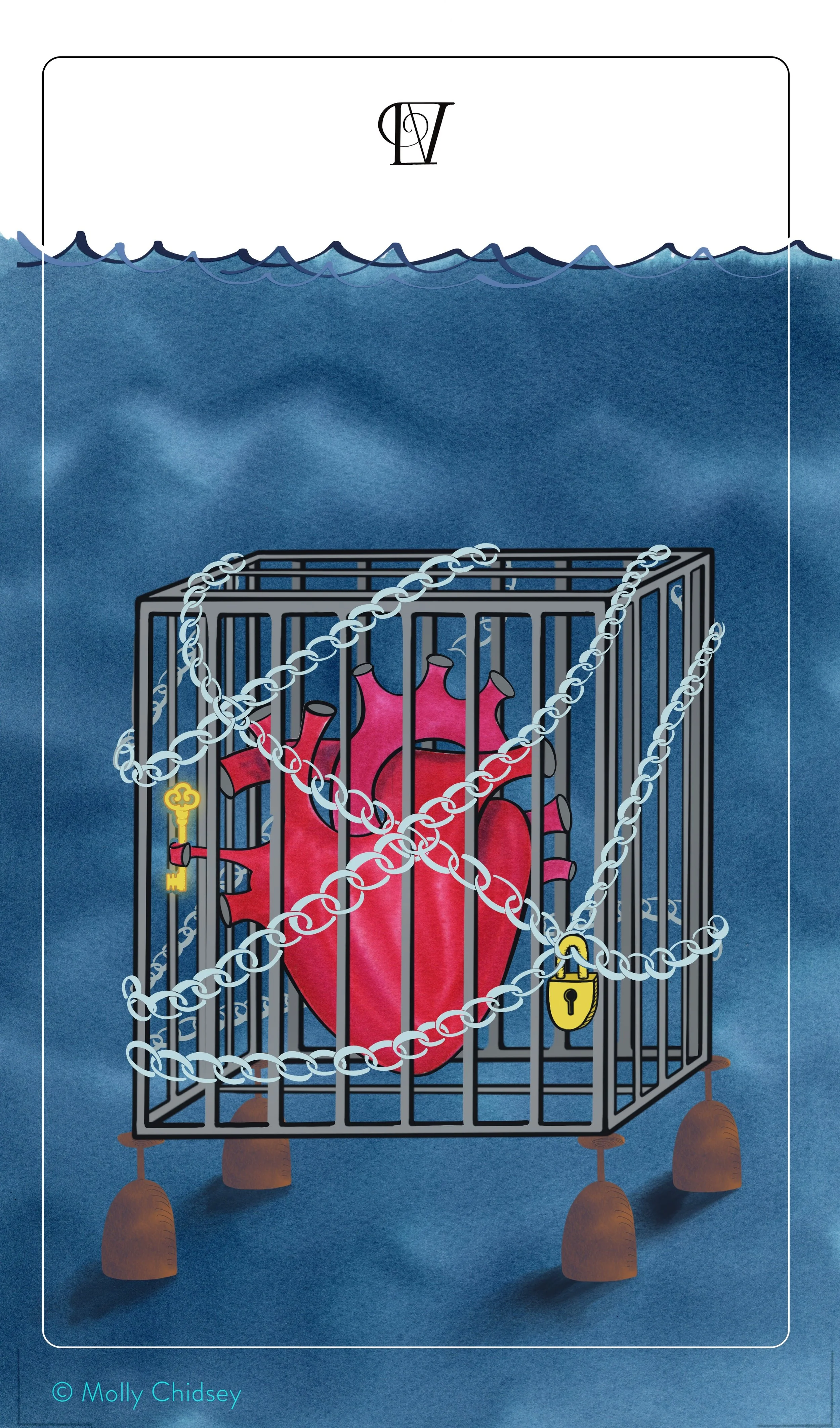 A heart locked in a metal cage, wrapped in chains and padlocks, drifts underwater—an indie tarot artist’s evocative vision.
