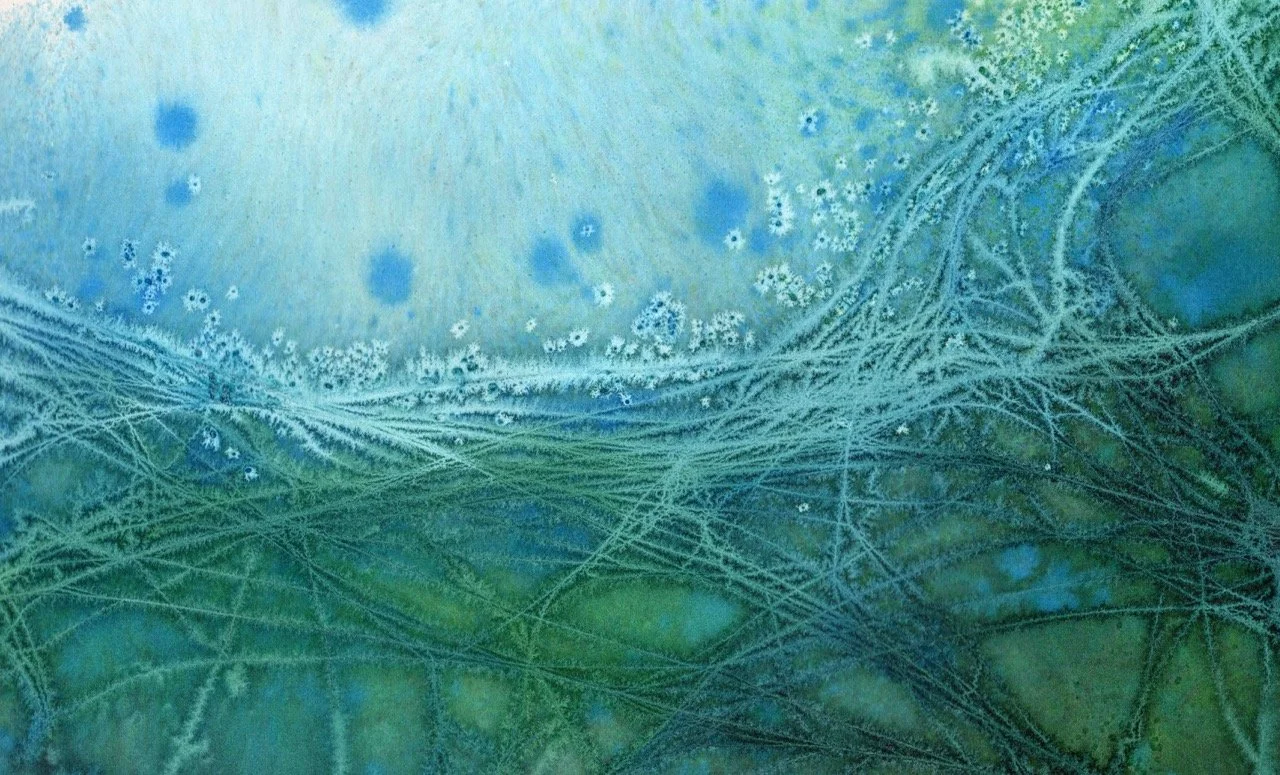 A modern watercolor painting in aqua and blue looks like the viewer is underwater.