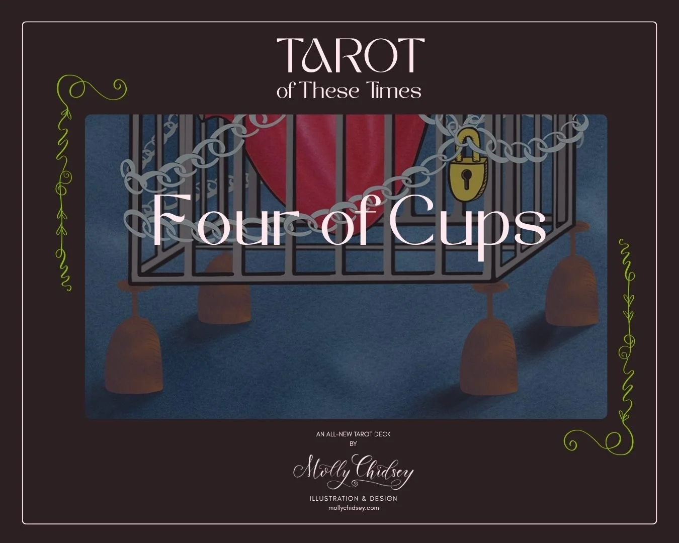 Four overturned cups hold up a cage underwater, framed with "Four of Cups" written on top.