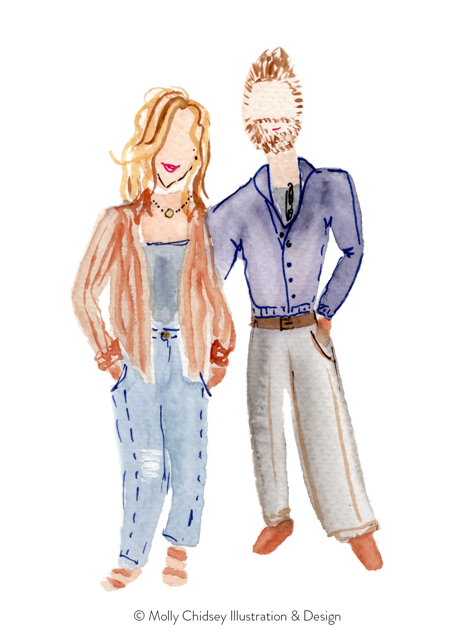A live watercolor portrait of a female-male couple dressed up for a special event or gala.