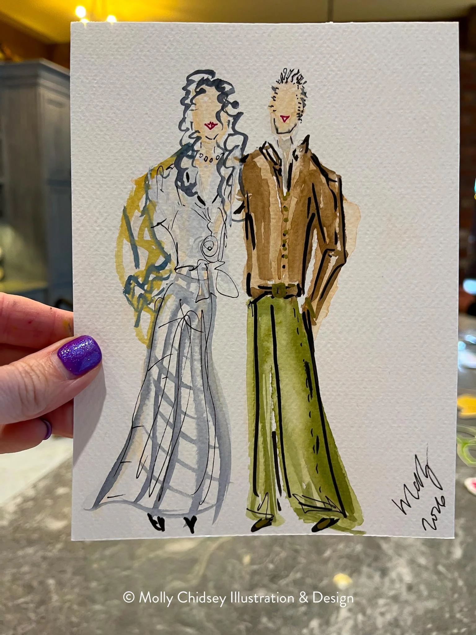 A live watercolor portrait of a female-male couple dressed up for a special event or gala.