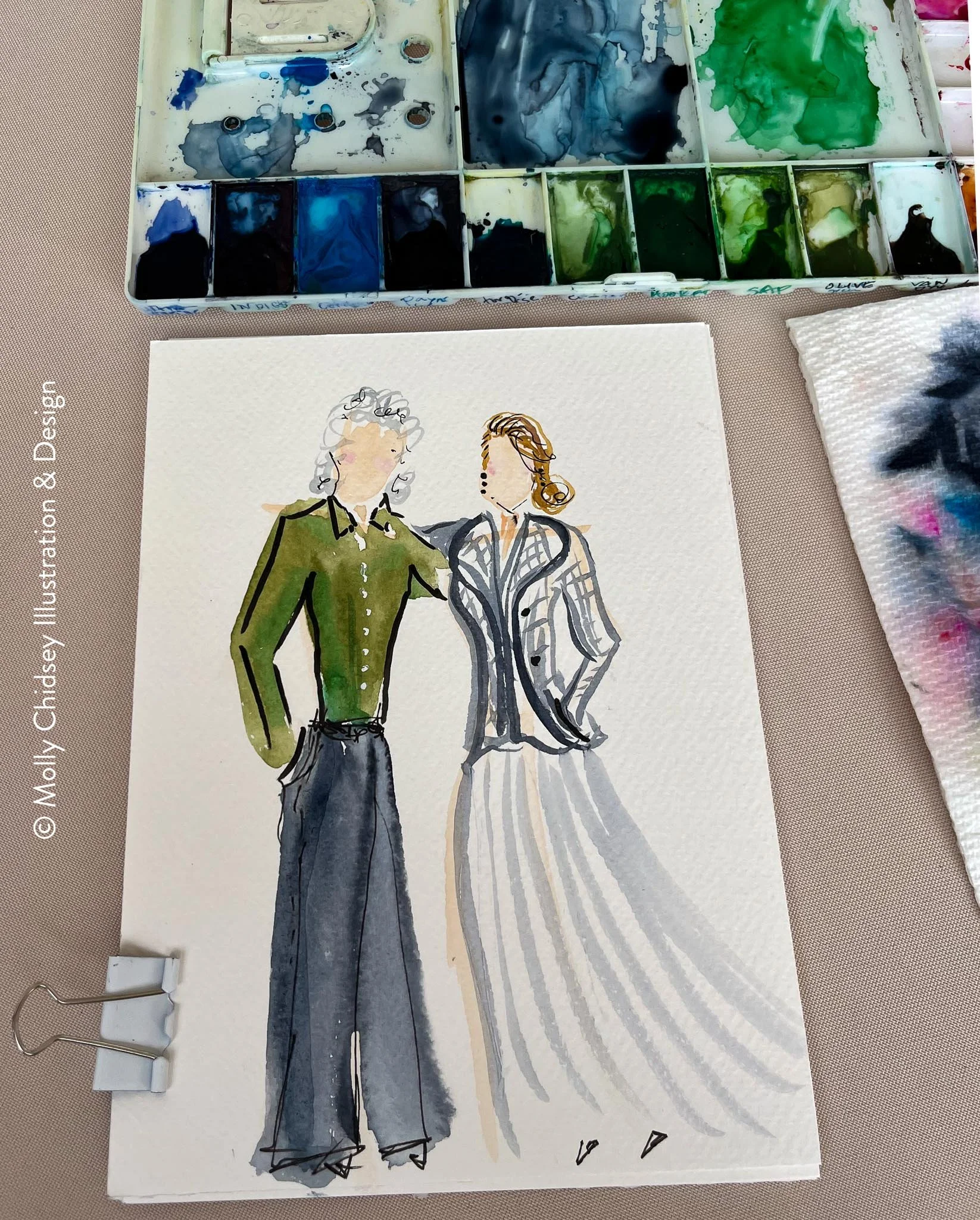 A live watercolor portrait of a female-male couple dressed up for a special event or gala.