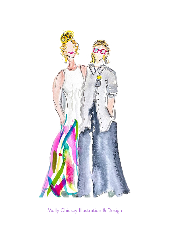 A live watercolor portrait of a female couple dressed up for a special event or gala.
