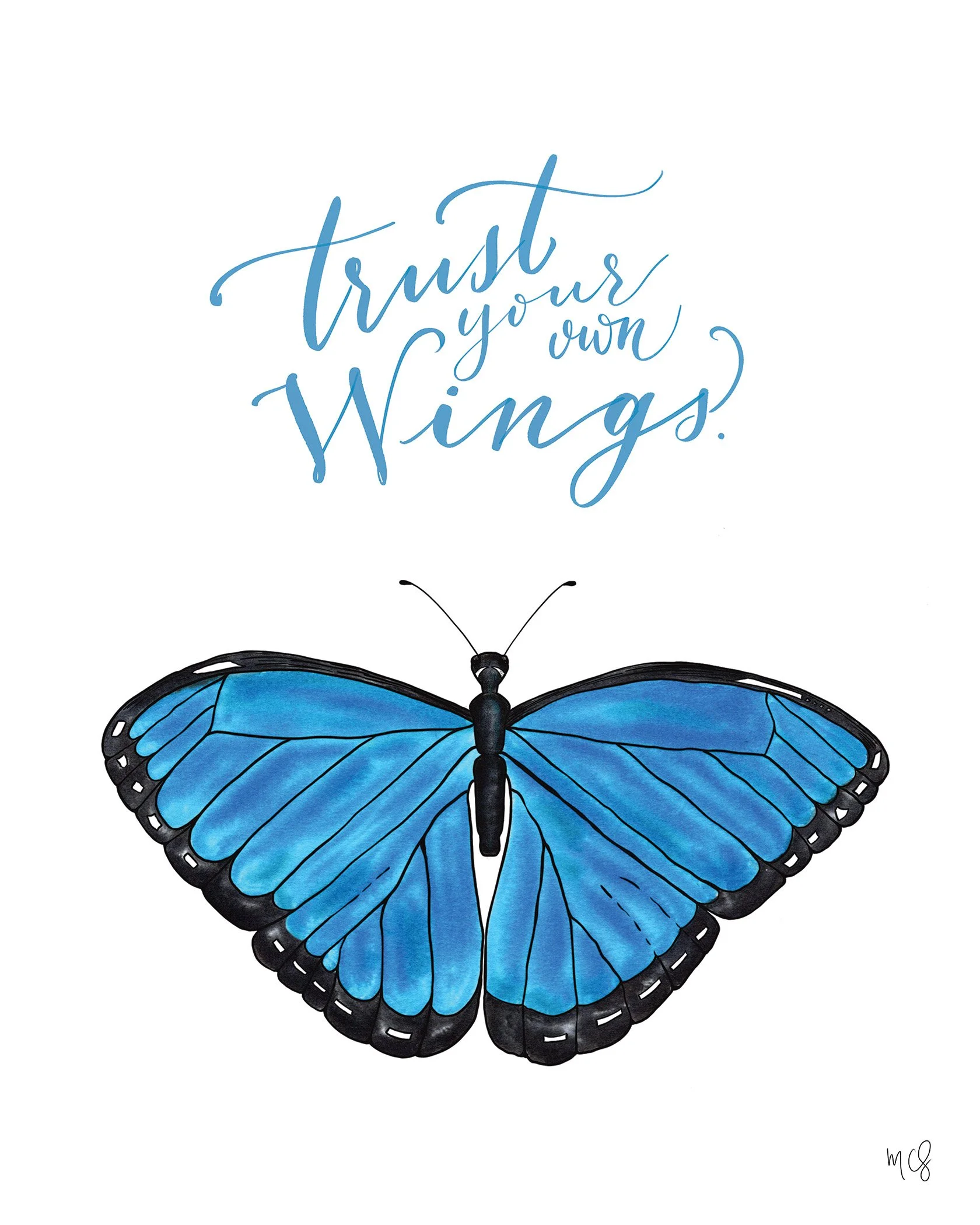 Trust Your own Wings blue butterfly watercolor art print