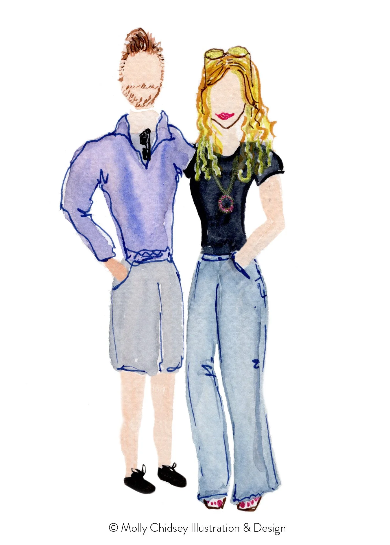 A live watercolor portrait of a female-male couple dressed up for a special event or gala.