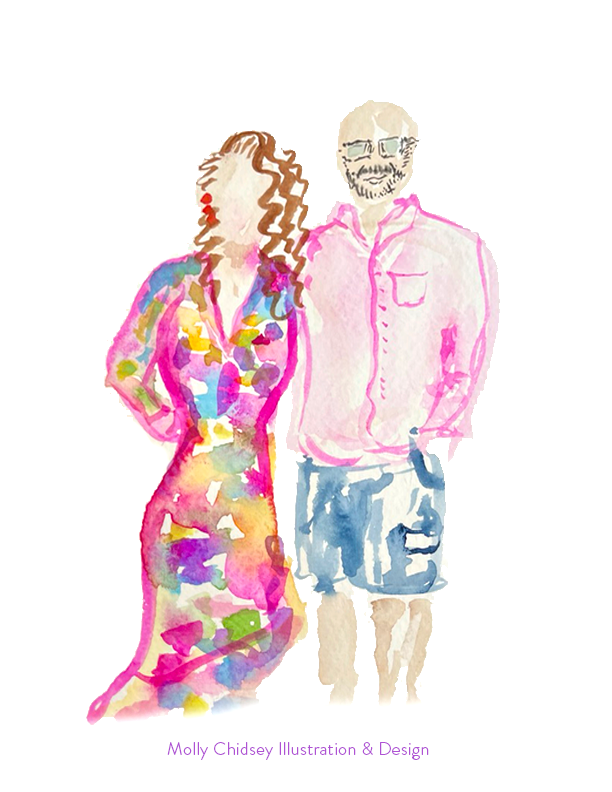 A live watercolor portrait of a female-male couple dressed up for a special event or gala.