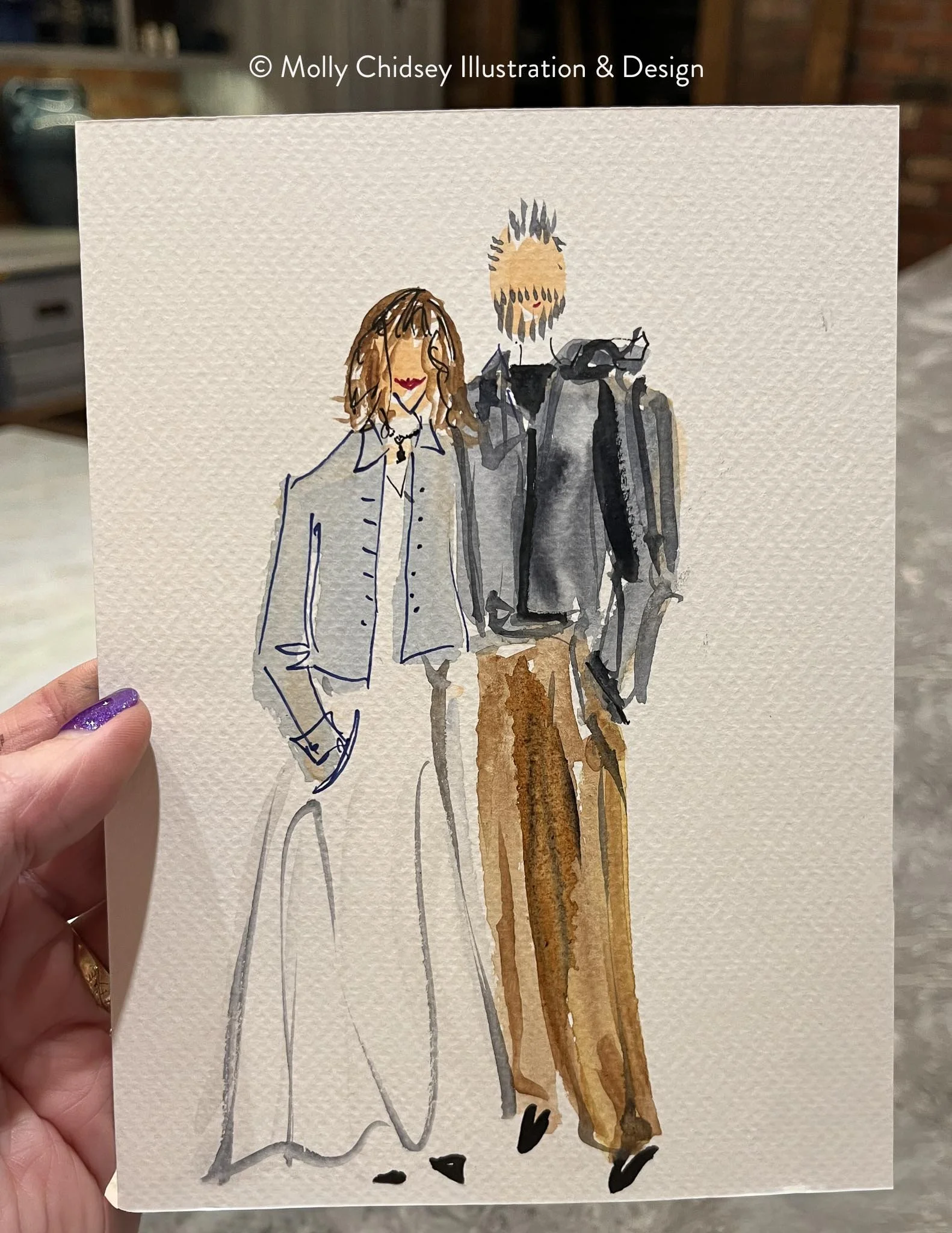 A live watercolor portrait of a female-male couple dressed up for a special event or gala.