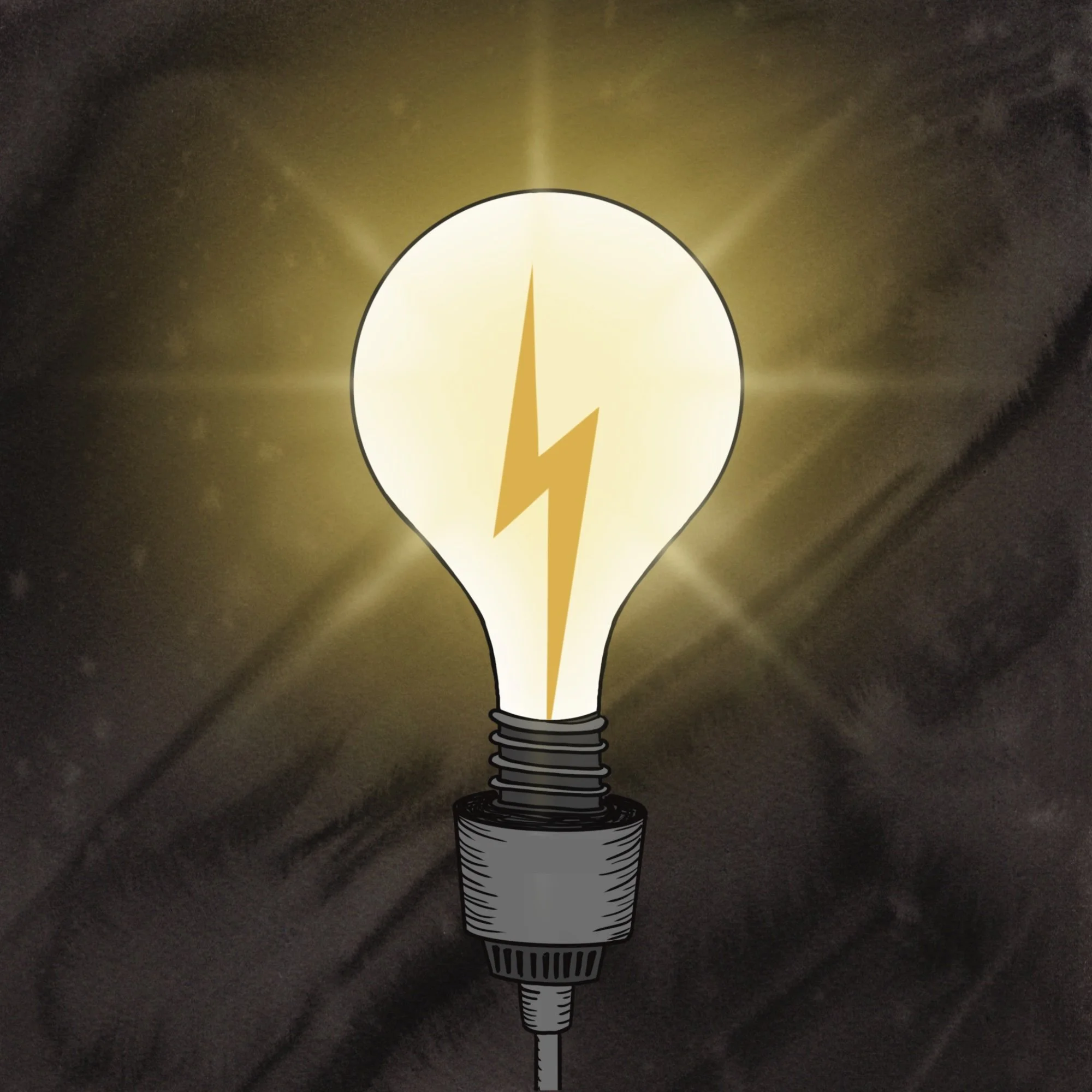 An illustration of a single light bulb with a lightning bolt inside, glowing in front of a dark ink watercolor background. Original art illustration by Molly Chidsey.