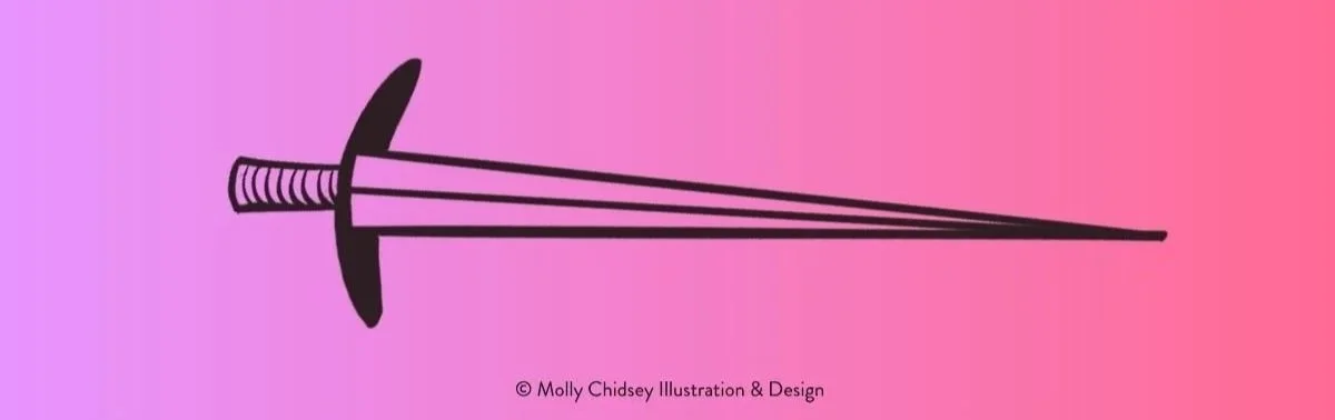 An illustration of a sword, hand drawn in black linework. It floats on a hot pink and purple background. The text reads "Molly Chidsey Illustration & Design."