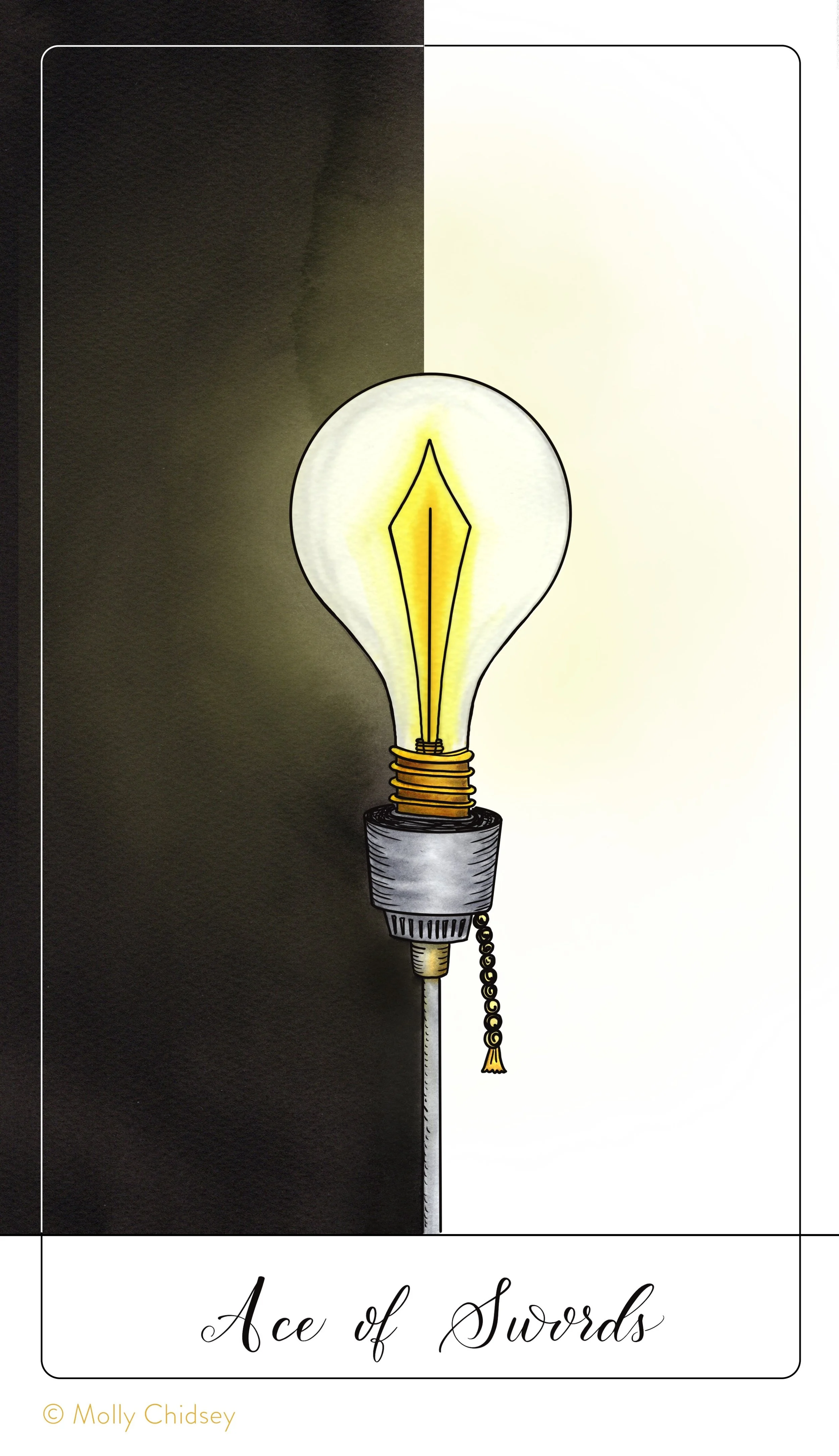 A single light bulb with a sword inside of it stands in front of a half-black, half-white wall. Lettering calligraphy says "Ace of Swords".