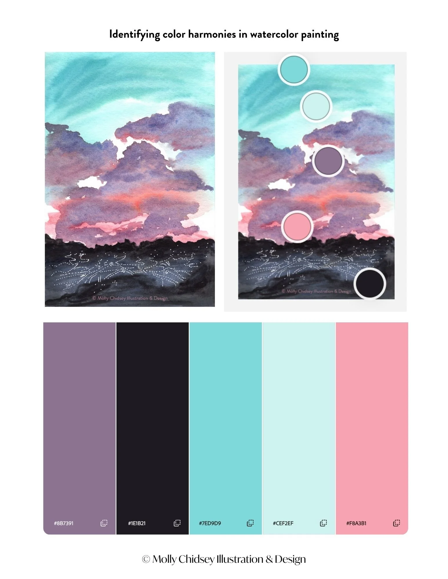 A watercolor painting by Molly Chidsey, with the color palette and harmonies identified.