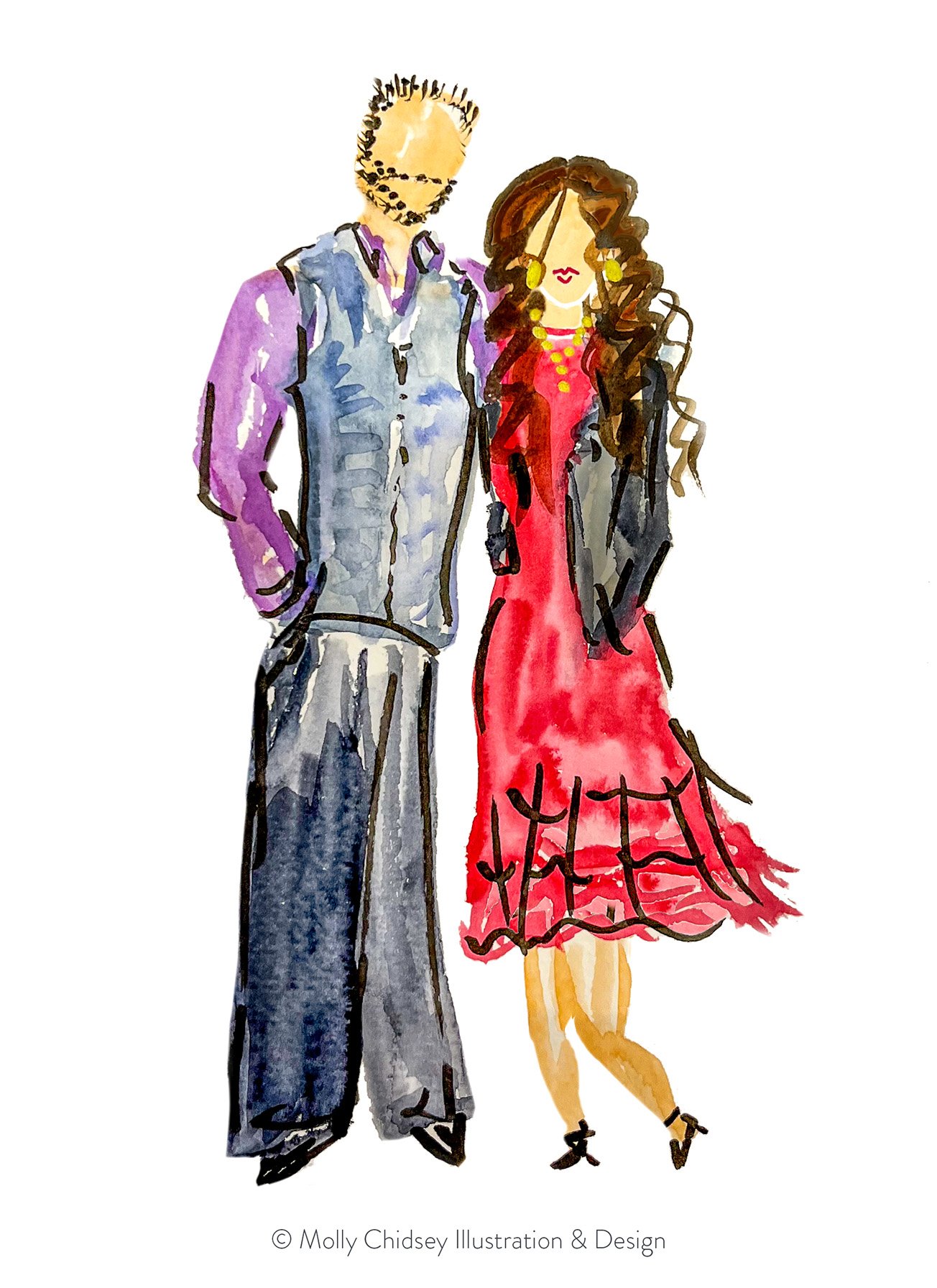 A live watercolor portrait of a female-male couple dressed up for a special event or gala.