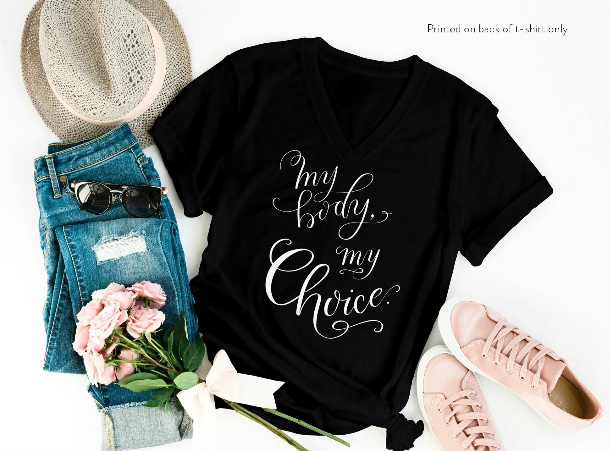 My Body, My Choice — Women's V-Neck Tee (Pro-Choice Calligraphy)
