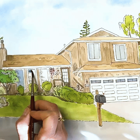 A hand holding a small paintbrush is adding watercolor to windows in a custom home portrait.