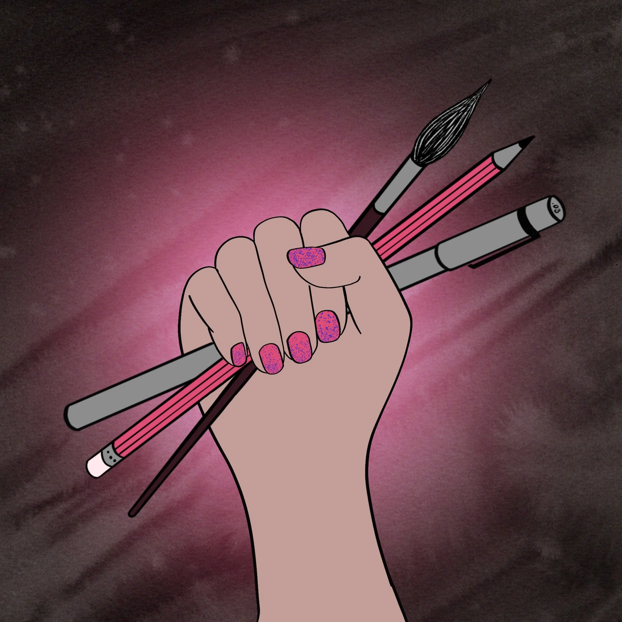 An illustration of a woman's hand holding up a fist holding three art supply tools: a drawing pen, paintbrush, and pencil. Original art illustration by Molly Chidsey.