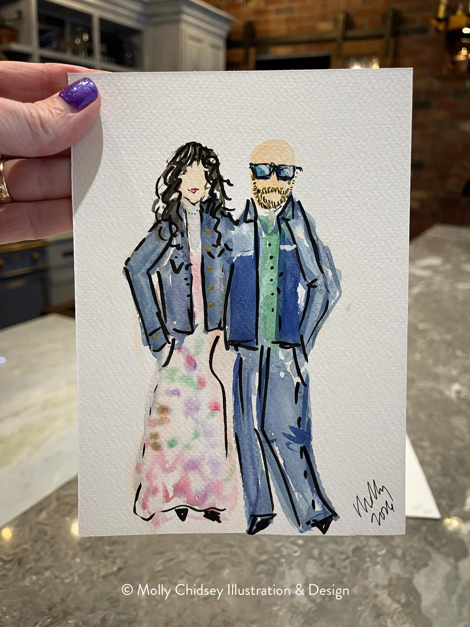 A live watercolor portrait of a female-male couple dressed up for a special event or gala.