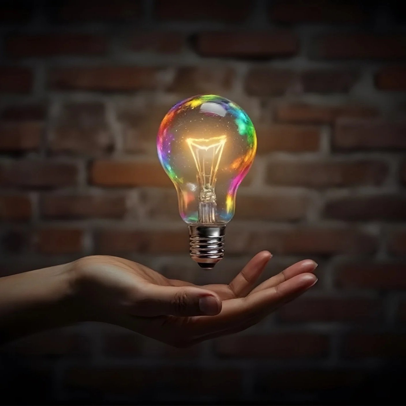 a rainbow colored light bulb hovering over a woman's hand.