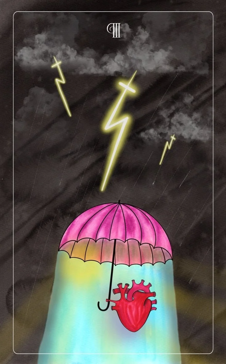Three of Swords original illustration, with a heart holding an umbrella in a thunder and lightning storm.