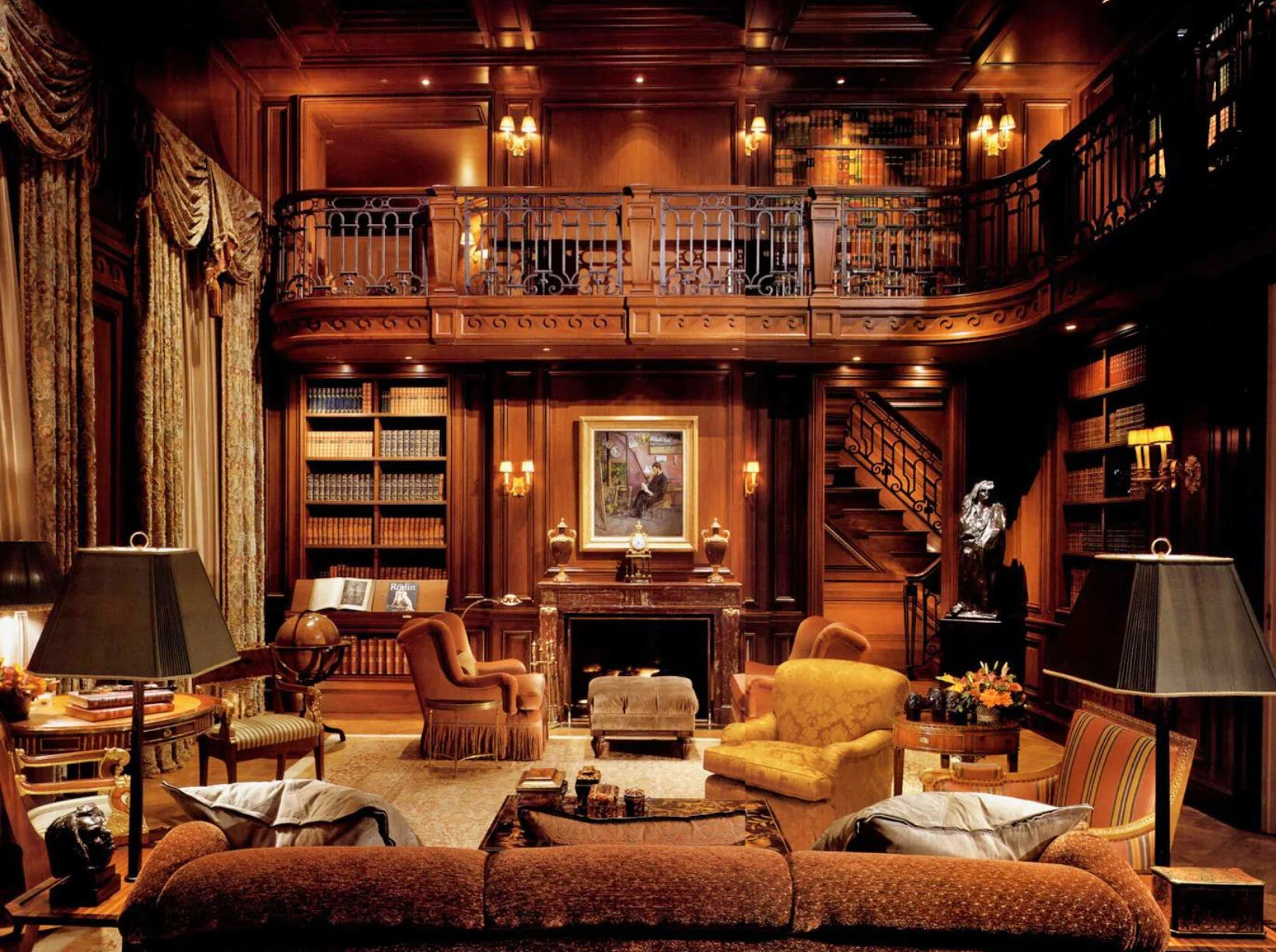 Two Story Traditional Walnut Paneled Library. Bel Air, Los Angeles. Photography by Mary E. Nichols for Architectural Digest