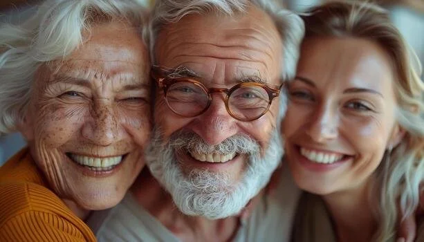 Three happy people, an elderly woman, elderly man, and a young woman, smiling closely together.