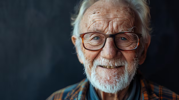 Close-up of smiling elderly man with glasses, white hair, and beard, wearing a plaid shirt.