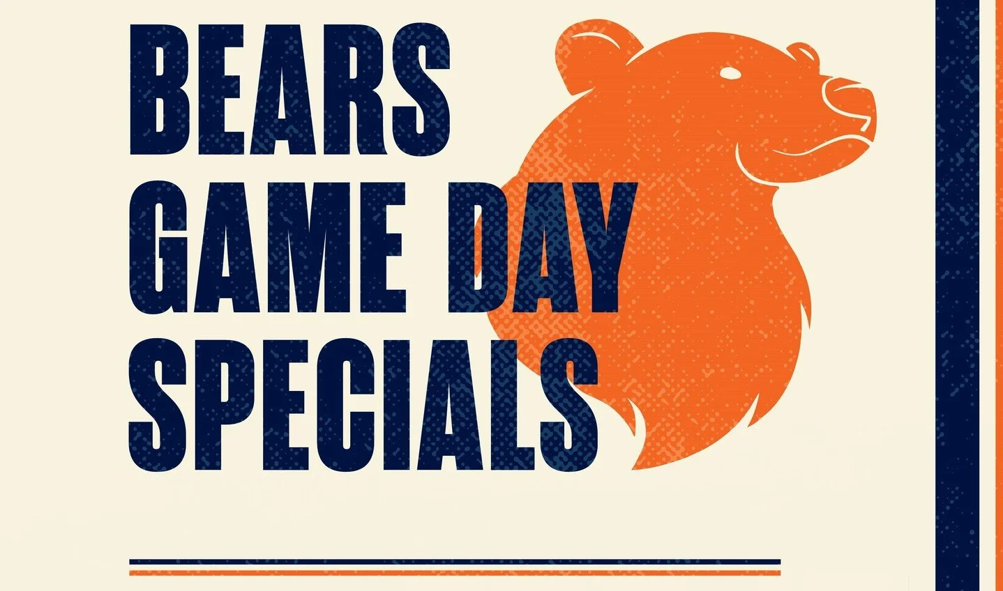After last week's disappointing loss we're looking for a dub! The 4-3 Bears battle the 3-5 Bengals at noon. $12 Miller Lite/Coors Lights pitchers + our daily deals + game day specials. Kick at noon. Bear Down!