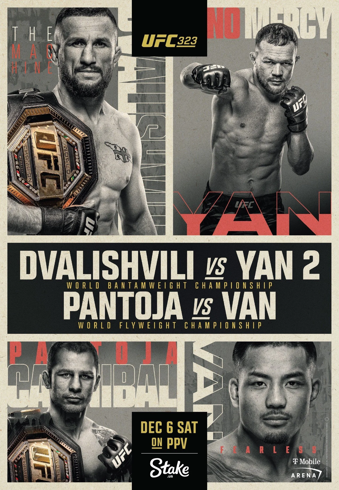 Save the date: UFC 323 Viewing Party December 6! The last numbered pay-per-view of 2025 comes live from Paradise, Nevada and features two title fights. In the main event, bantamweight champ Merab Dvalishvili makes history with his highly anticipated 