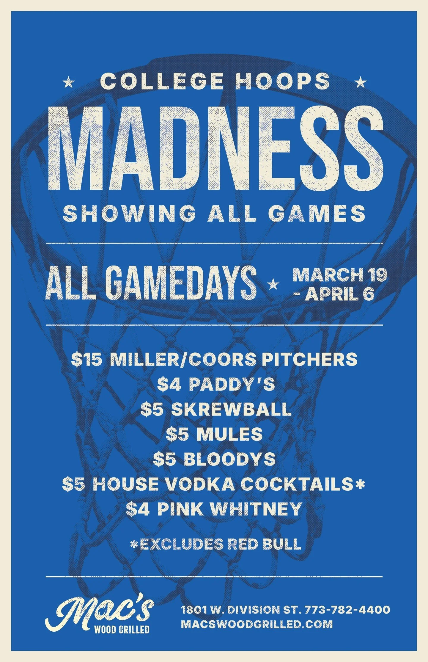 March college hoops are coming up fast! Watch every matchup @ Mac's - we're open at 11 a.m. for early tip-offs. Basketball-friendly drink deals include: $15 Miller/Coors pitchers, $4 Paddy&rsquo;s Irish Whiskey shots, $5 Skrewball whiskey shots, $4 P