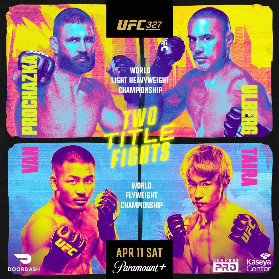 Save the date: UFC 327 Viewing Party April 11! In the main event, former champion and wild knockout artist, Jiri Prochazka, battles the rising New Zealand powerhouse Carlos Ulberg for the vacant Light Heavyweight title. The co-main event features the