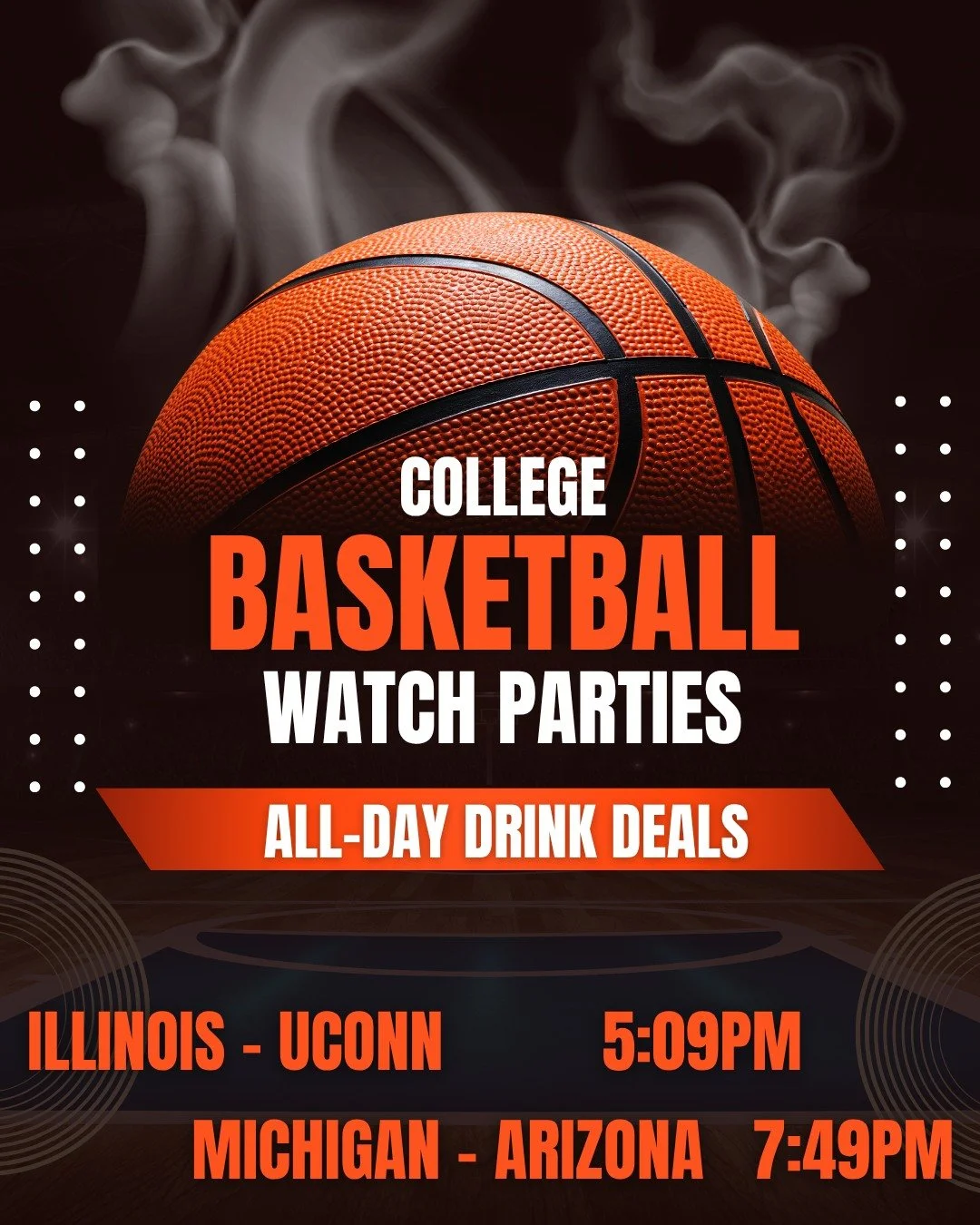 We are down to FOUR! Illinois takes on UConn at 5:09 p.m. and Michigan battles Arizona at 7:49 p.m. Drink deals: $15 Miller/Coors pitchers, $4 Paddy&rsquo;s Irish Whiskey shots, $5 Skrewball whiskey shots, $4 Pink Whitney lemonade vodka shots, $5 vod