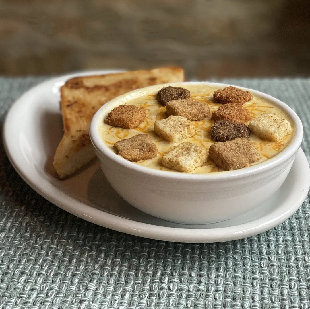 Current soup of the day: Smoky Poblano &amp; Cheese with roasted poblano chilies, red peppers, corn and onions. Garnished with garlic cheese croutons and served with garlic bread. 
.
.
.
.
.
(pic: TLM) #chicagofunauthority #chicago #chicagobars #chic