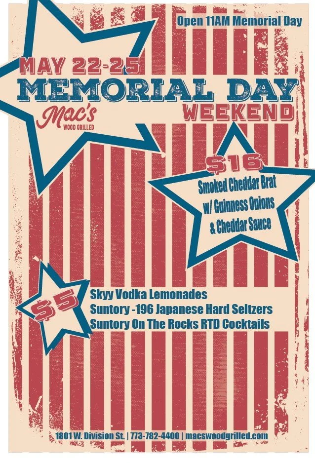 Save the dates: Memorial Day Weekend Specials May 22-25! We're featuring a $16 Nueske&rsquo;s Applewood-Smoked Cheddar Bratwurst with Guinness onions, Cheddar cheese sauce, and a side of fries + summery drink specials such as $5 Skyy Vodka Lemonades,