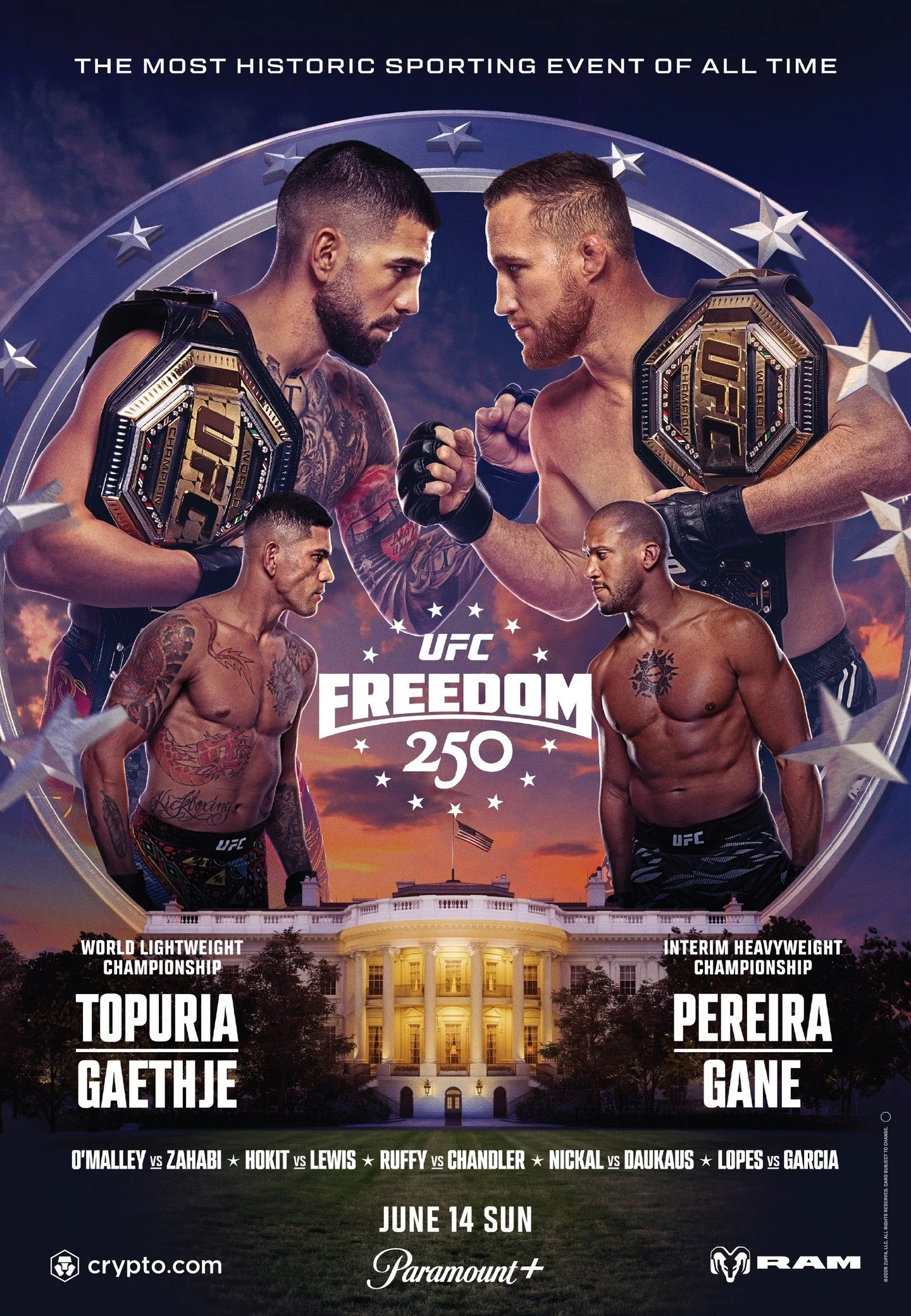 Save the date: UFC Freedom 250 viewing party Sunday, June 14! This historic MMA event takes place on the South Lawn of the White House. This card is headlined by two massive title fights: Lightweight champion Ilia Topuria takes on Justin Gaethje, and