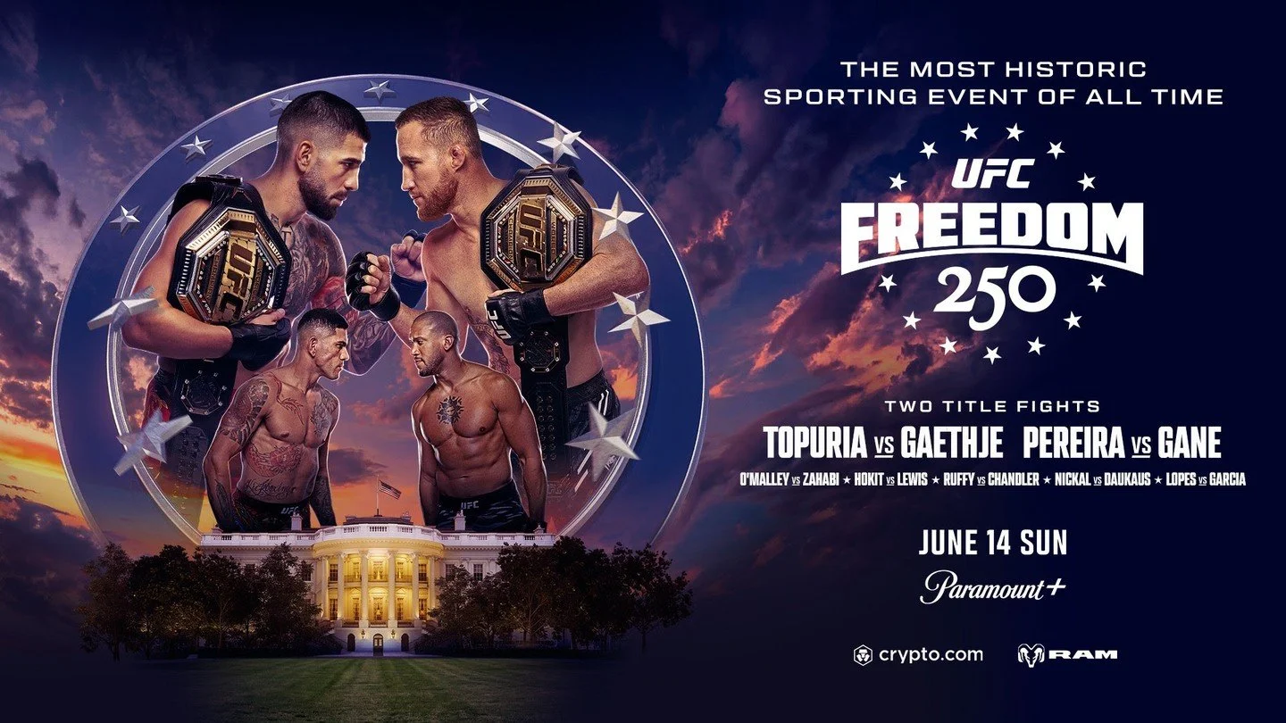 Save the date: UFC Freedom 250 viewing party Sunday, June 14! This historic MMA event takes place on the South Lawn of the White House. This card is headlined by two massive title fights: Lightweight champion Ilia Topuria takes on Justin Gaethje, and