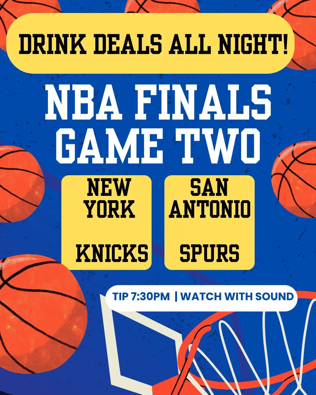 The New York Knicks and the San Antonio Spurs head into game two with the Spurs looking to even the series.  Drink deals: $4 Paddy's, $6 Stoli Blueberry Lemonades, $5 Miller/Coors pints, and more. We will be watching with sound - come on through! 
.
