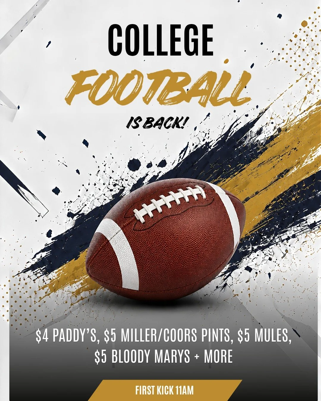 College football is back! Week 0 Saturday starts with North Carolina vs. TCU (Aer Lingus Classic, Dublin, Ireland) at 11 a.m. and wraps with Memphis at UNLV at 9 p.m. $4 Paddy's, $5 Miller/Coors pints, $5 mules (and more) all day. Come on through!
.
