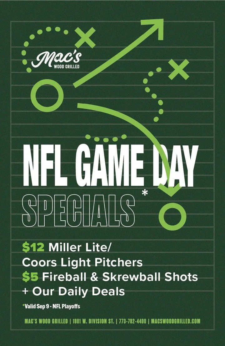 One week from today: NFL football for real, and we're featuring drink deals every game day all season long! $12 Miller/Coors pitchers and $5 Fireball/Skrewball shots + our daily deals every game day.  Season opener: New England Patriots at Seattle Se