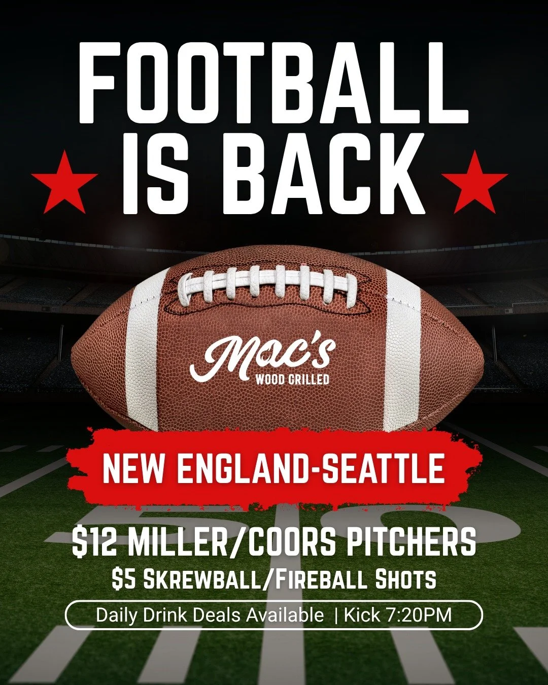 Football is back! The season launches with a Big Game 2026 rematch: the New England Patriots battle the Seattle Seahawks at 7:20 p.m. $12 Miller/Coors pitchers, $5 Skrewball/Fireball + our daily deals. 
.
.
.
.
.
#chicagofunauthority #chicagodrinks #