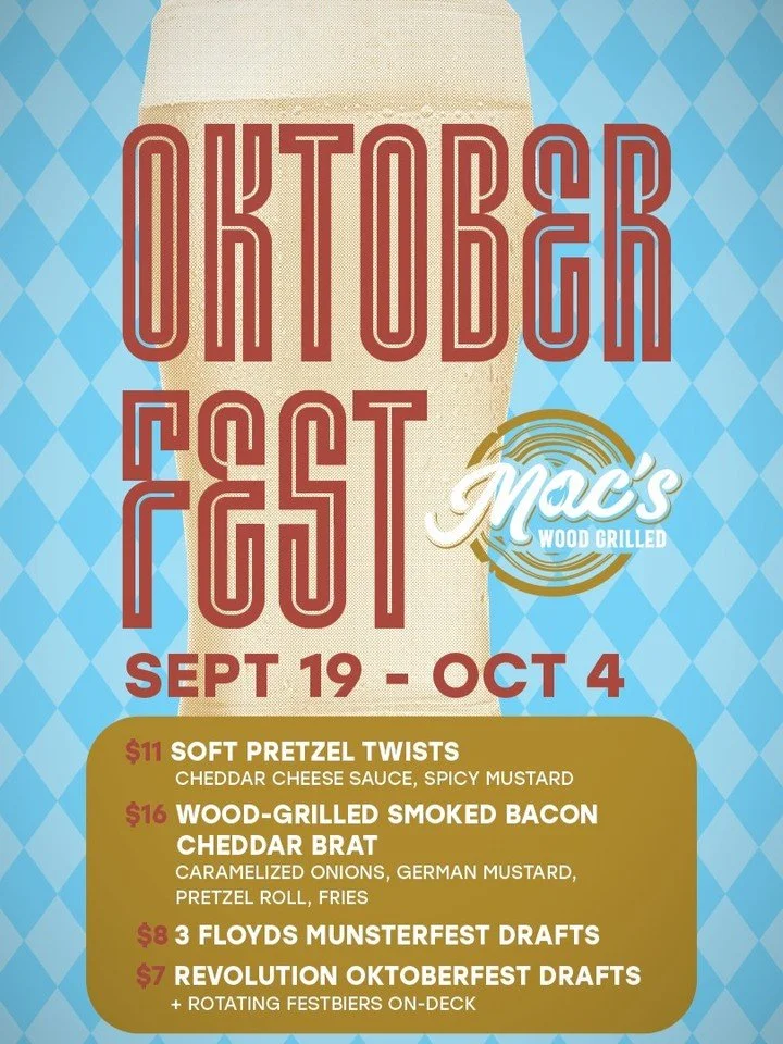 Oktoberfest starts TOMORROW! Fest fare includes two Soft Pretzel Twists with Cheddar cheese sauce and spicy mustard and a Wood-Grilled Smoked Bacon Cheddar Brat, with caramelized onions and German mustard on a pretzel roll. Oktoberfest tappings inclu