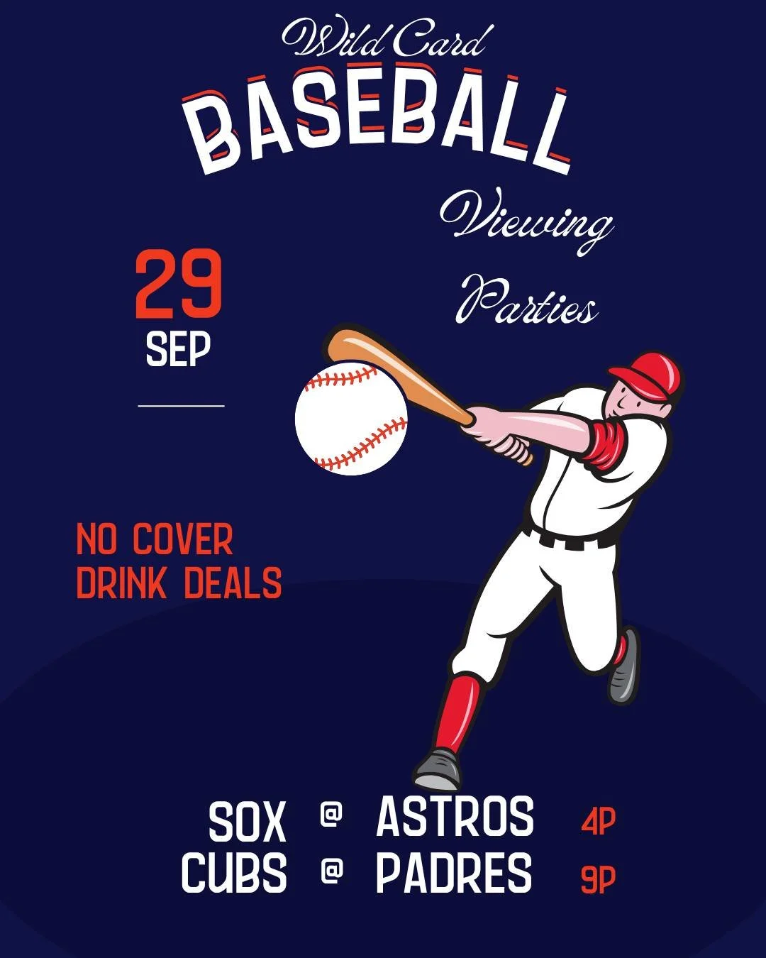 Wild Card Day ONE! The White Sox battle the Rangers for a slot in the ALCS at 4 p.m., and the Cubbies go head-to-head with the Astros for a NLCS berth at 9 p.m. We will be watching with sound - of course! Daily drink deals + Oktoberfest specials - co